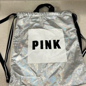 Victoria Secret Pink Drawstring Backpack Tote Bag, Iridescent Silver.